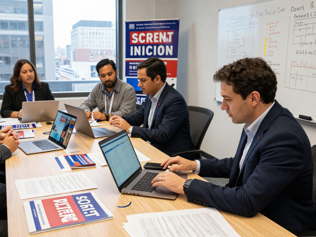 Engaging political strategist analyzing meta ads for political campaigns and voter data in a modern office.