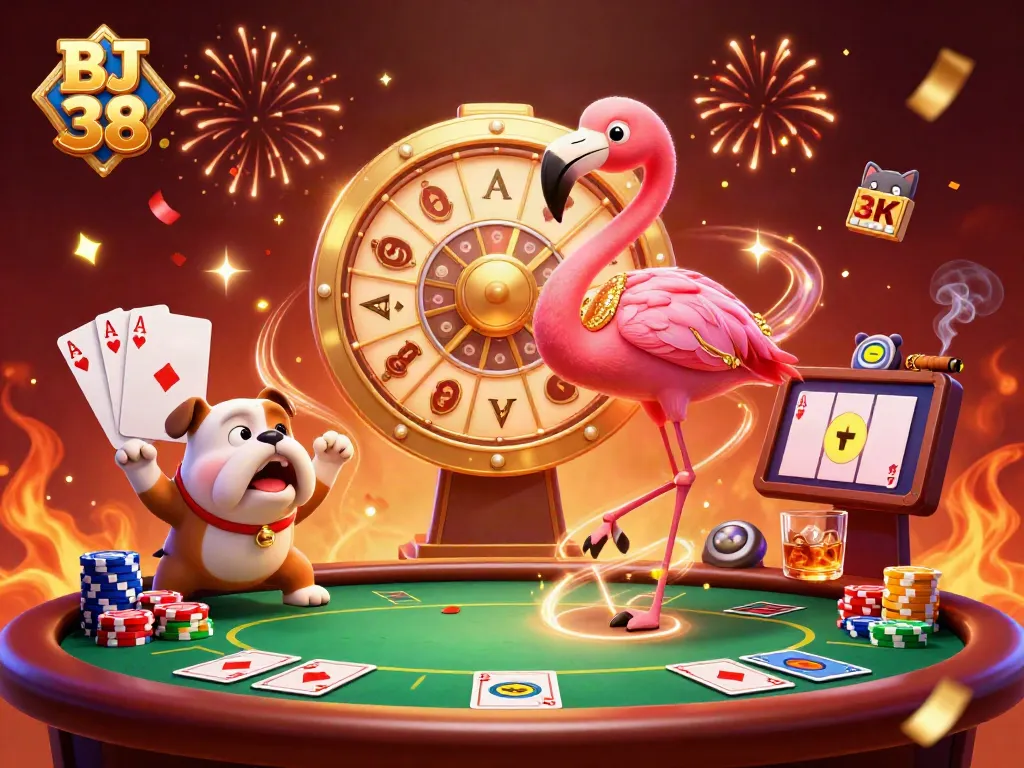BJ 38 spins excitement with a flamingo host, bulldog contestant, and rich poker elements in a vibrant casino scene.