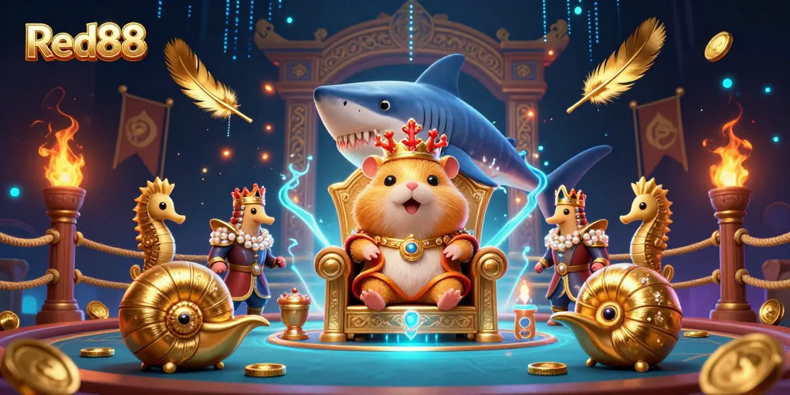 Experience exciting gameplay at Red88 with a fierce hamster king and sea creatures in a dynamic casino scene.
