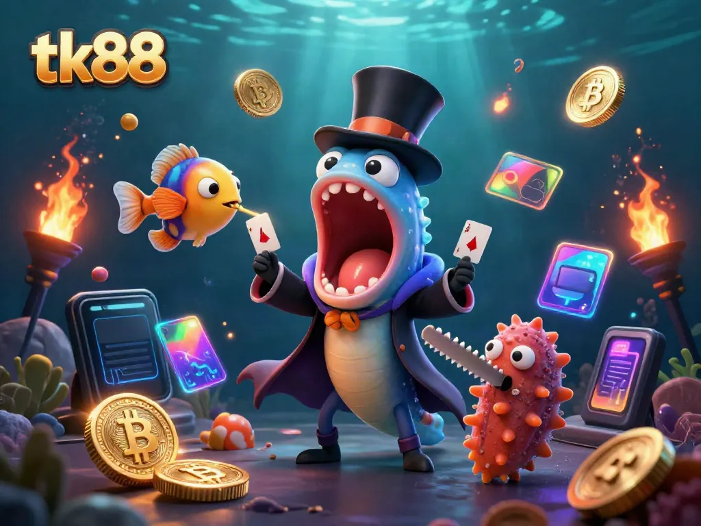 tk88's vibrant 3D casino scene featuring a magician deep-sea eel and coin elements, showcasing excitement.