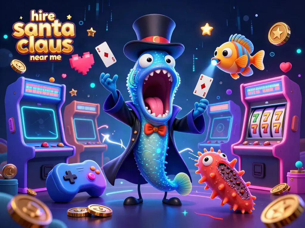 Engaging scene of a bioluminescent deep-sea gulper eel performing magic tricks at a casino while showcasing hire santa claus near me