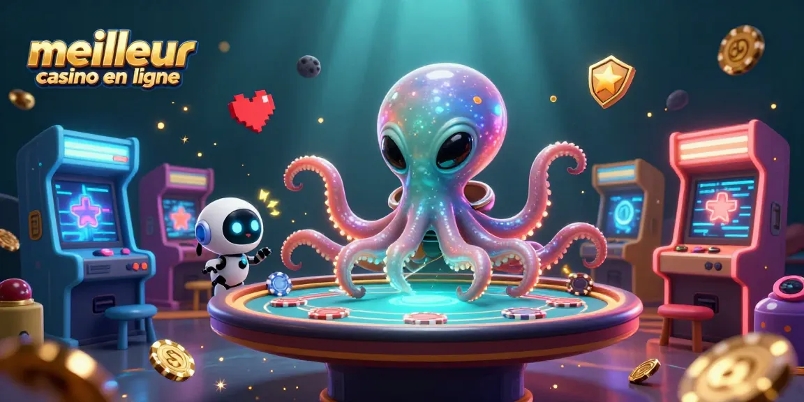 Jouez au meilleur casino en ligne avec une scène ludique de poker galactique et des éléments de jeu colorés.