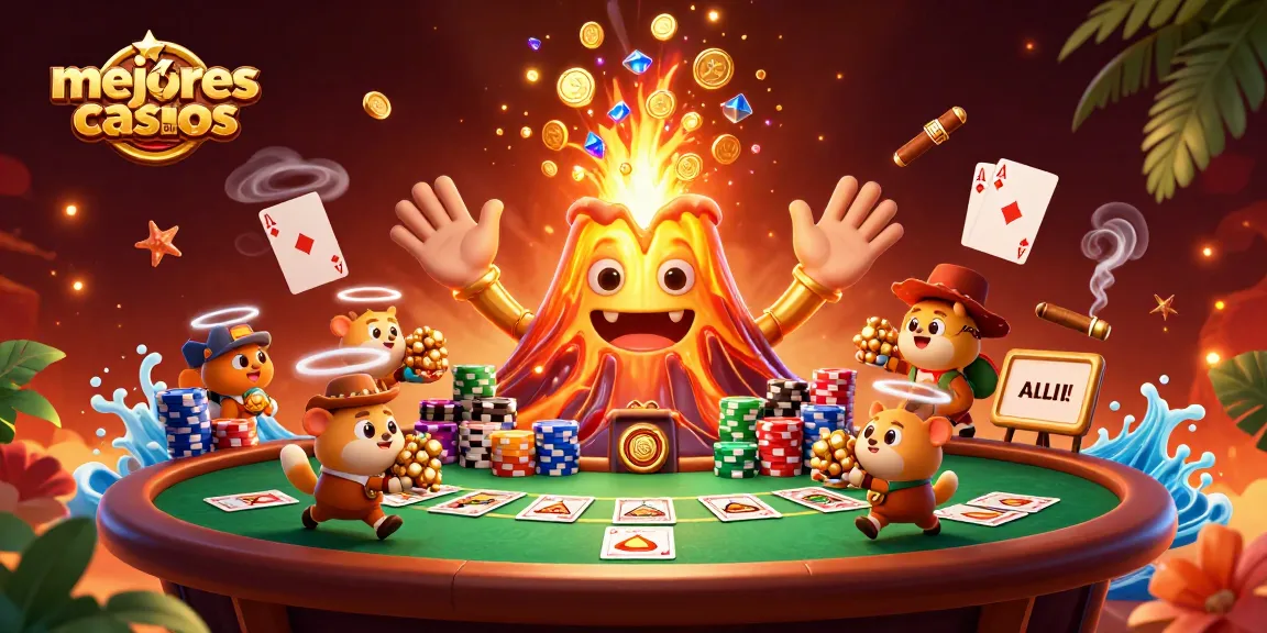 Juega en los mejores casinos online para ganar dinero con una ilustración vibrante de un volcán y tesoros.