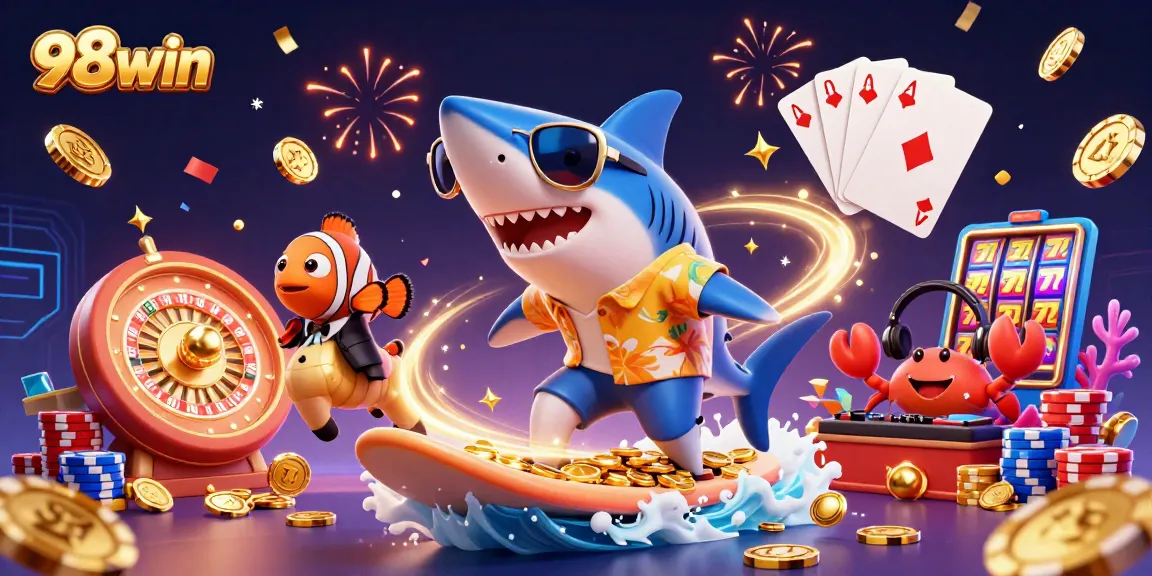 Experience thrilling gameplay at 98win with colorful 3D characters amidst casino excitement and winning opportunities.