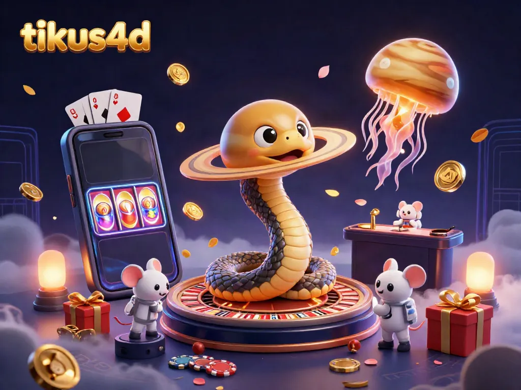 Experience tikus4d's thrilling atmosphere with cosmic dice rolls and astronaut mice in this vibrant 3D illustration.