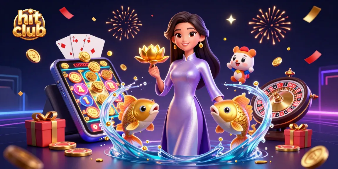 Experience the thrill of hit club gaming with vibrant 3D illustration of casino elements and characters.