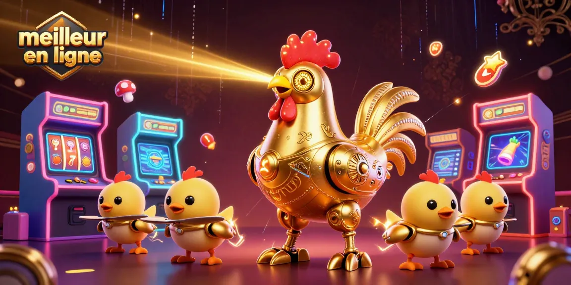 Visitez le meilleur casino en ligne avec des machines à sous colorées et un robot poulet futuriste.
