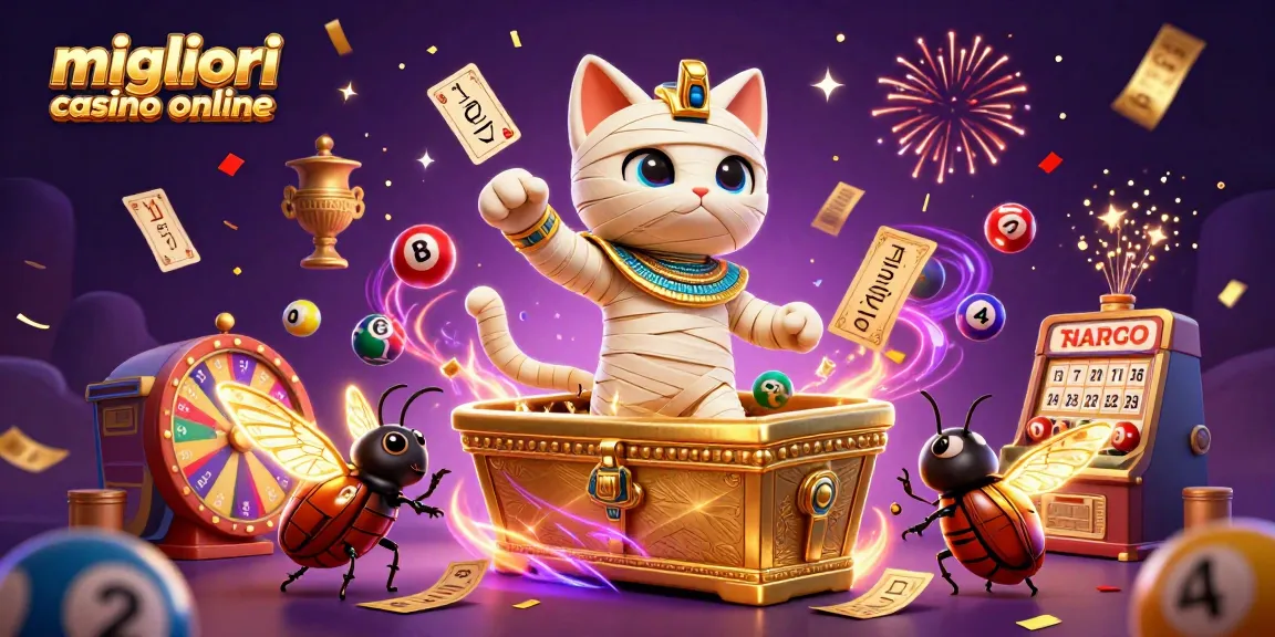 Migliori casino online: illustrazione di una mummia egiziana e uno scarabeo in un casinò con carte e giochi.