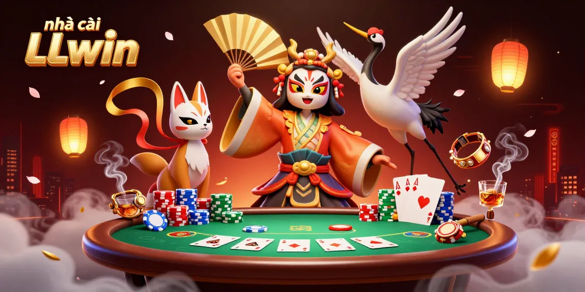Engage in the exciting world of nhà cái LLwin, featuring a vibrant casino illustration with poker elements and rich 3D details.