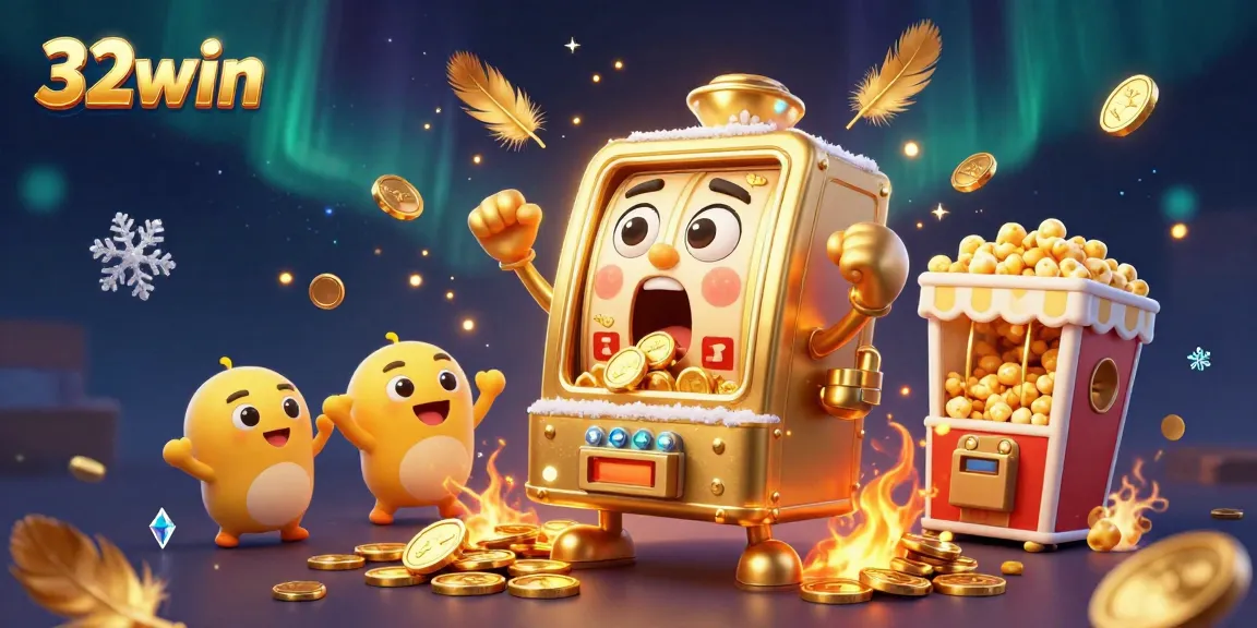 32win's thrilling slot machine achieving a jackpot as coins overflow, amid a festive casino atmosphere.