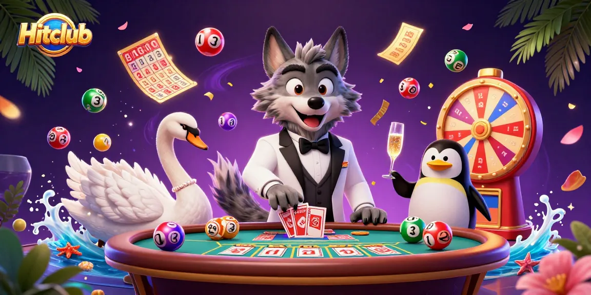 Hitclub offers vibrant gaming experiences with a debonair wolf, elegant swan, and penguin sommelier in a dynamic casino scene.