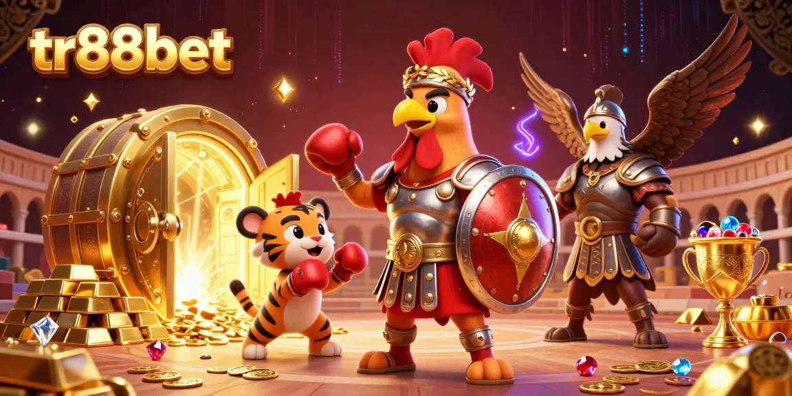 Engage with tr88bet's thrilling 3D casino adventure featuring a gladiator rooster and vibrant treasure.