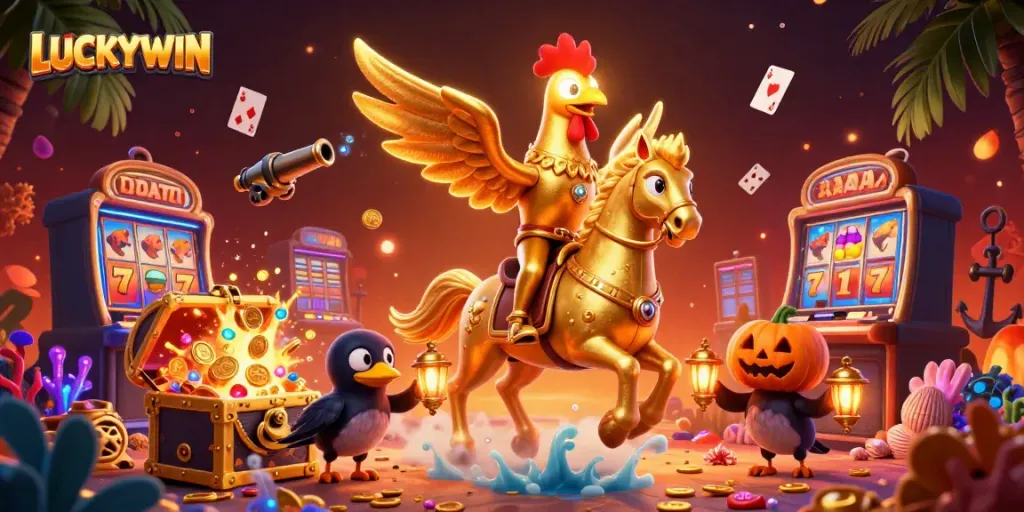 Exciting scene featuring LUCKYWIN-themed golden rooster in a vibrant casino, surrounded by winning elements.