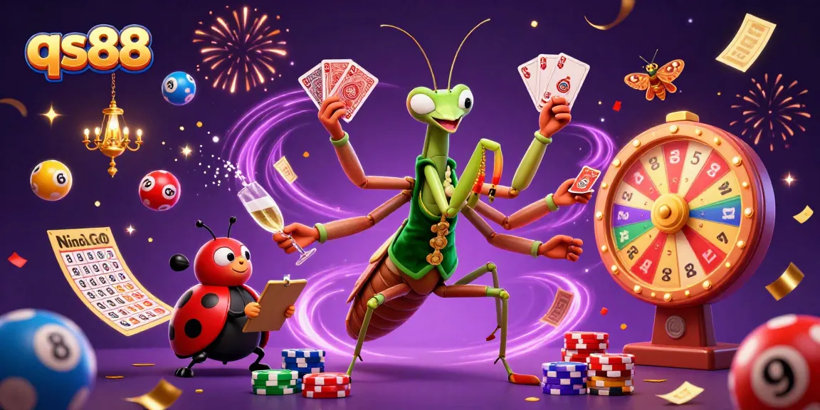Experience thrilling moments at qs88 with a giant praying mantis and ladybug pit boss in a vibrant casino scene.