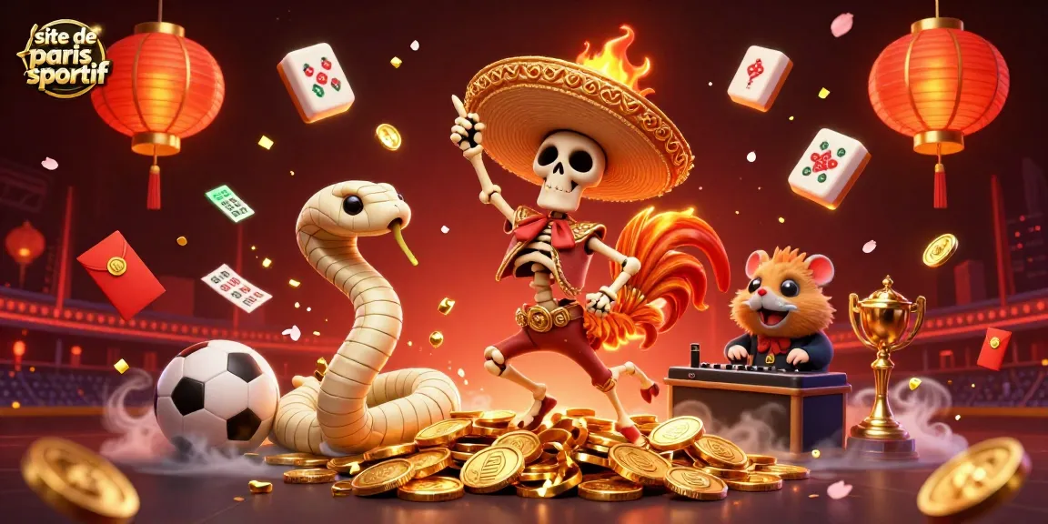 Animations dynamiques sur un site de paris sportif avec des personnages colorés, lançant des pièces d'or.
