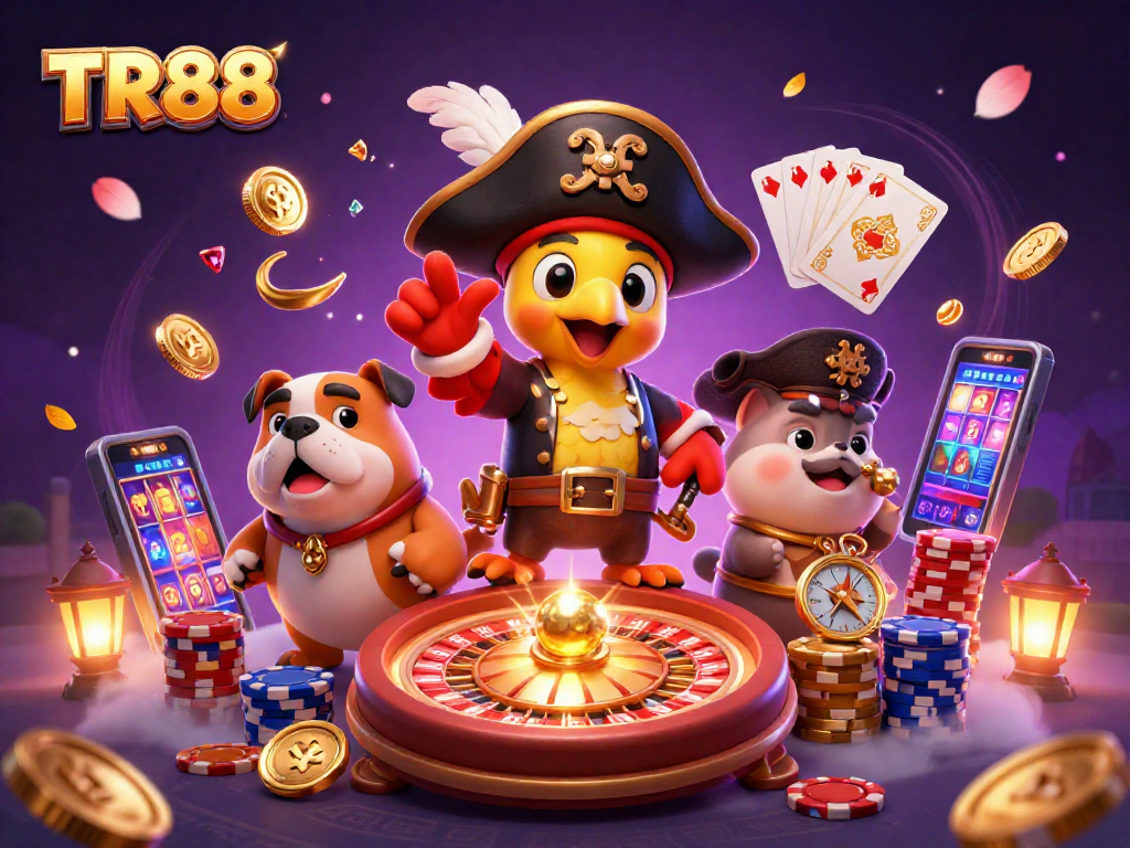 Experience the excitement of TR88 with a vibrant casino scene featuring a pirate captain and his crew.