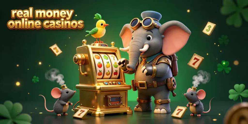 Engage excitement at real money online casinos with a vibrant steampunk elephant operating a golden slot machine.