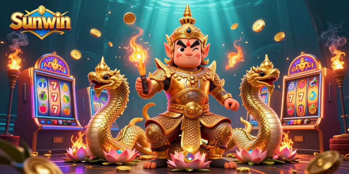 Sunwin showcases an enchanting scene with a Thai temple guardian amidst vibrant casino slot machines and golden elements.