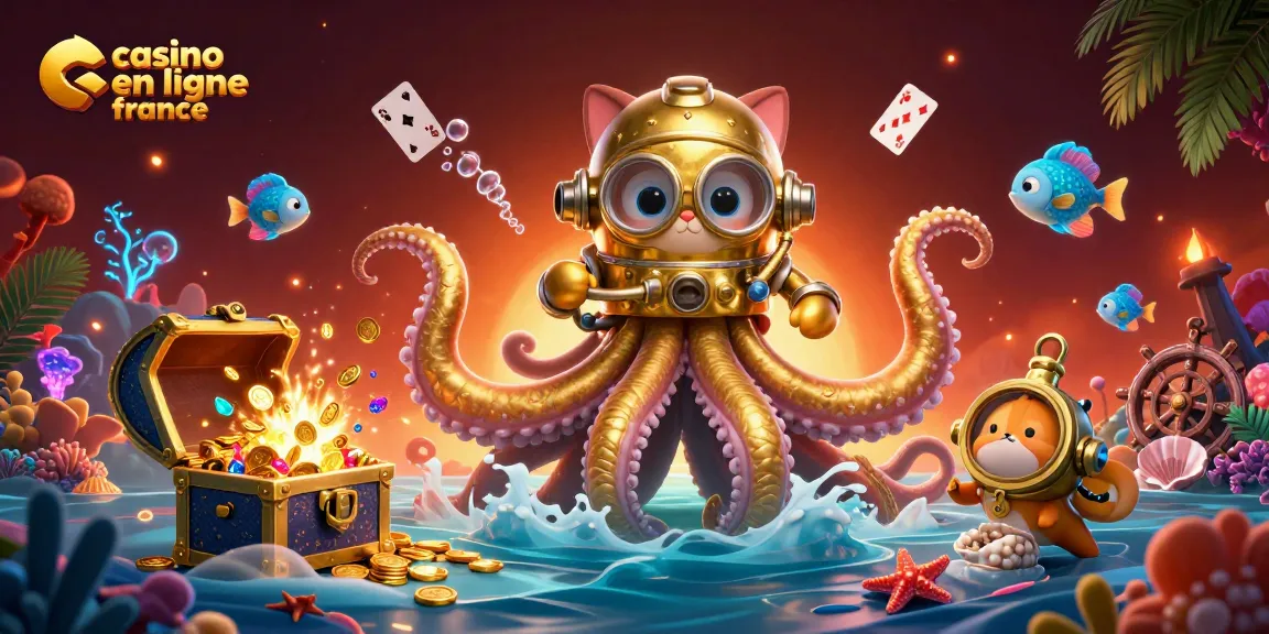 Illustration animée mettant en scène le kraken, un chat plongeur et des poissons bioluminescents pour le casino en ligne France.