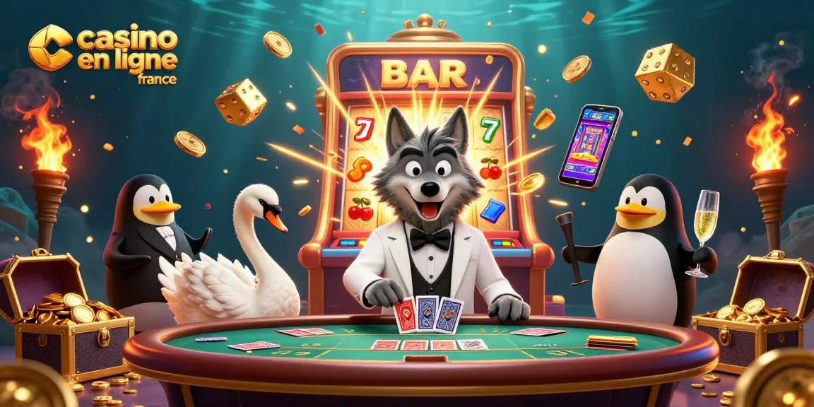 Illustration d'un casino en ligne en France, avec un loup élégant et une cigogne aux cartes.