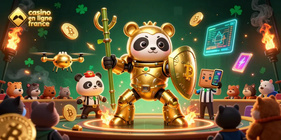 Plongez dans l'univers captivant du casino en ligne France avec ce panda doré pilotant un robot dans une arène.