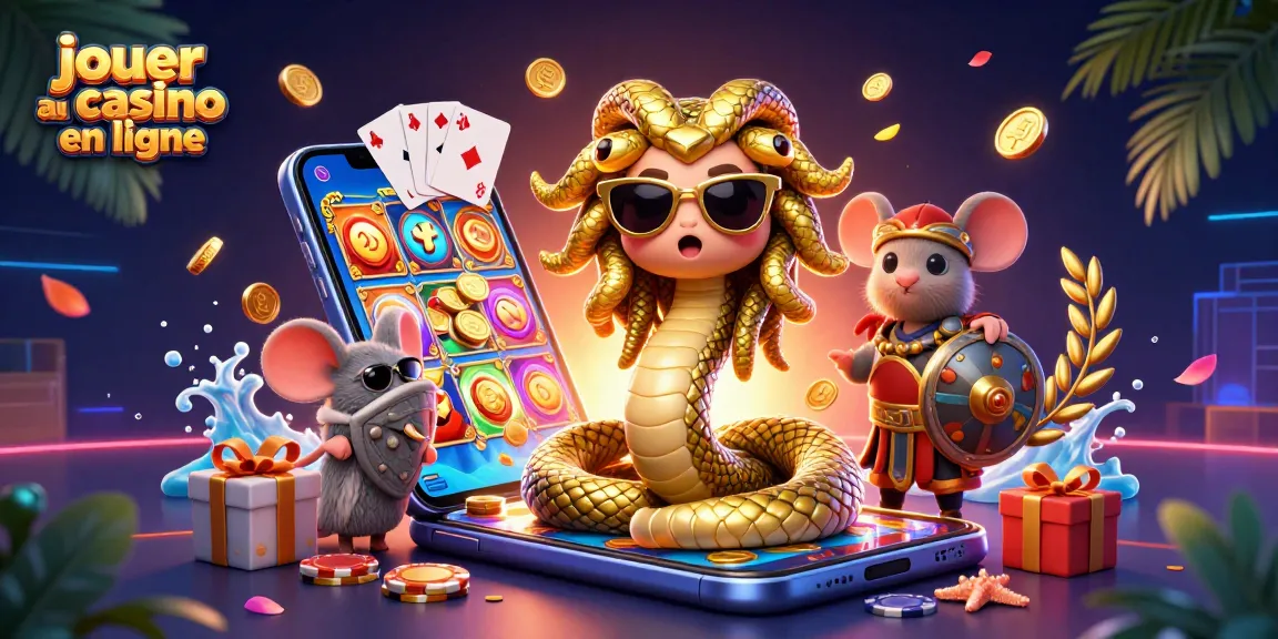Jouer au casino en ligne avec Medusa et un guerrier souris entourés de jeux de casino et de gains.