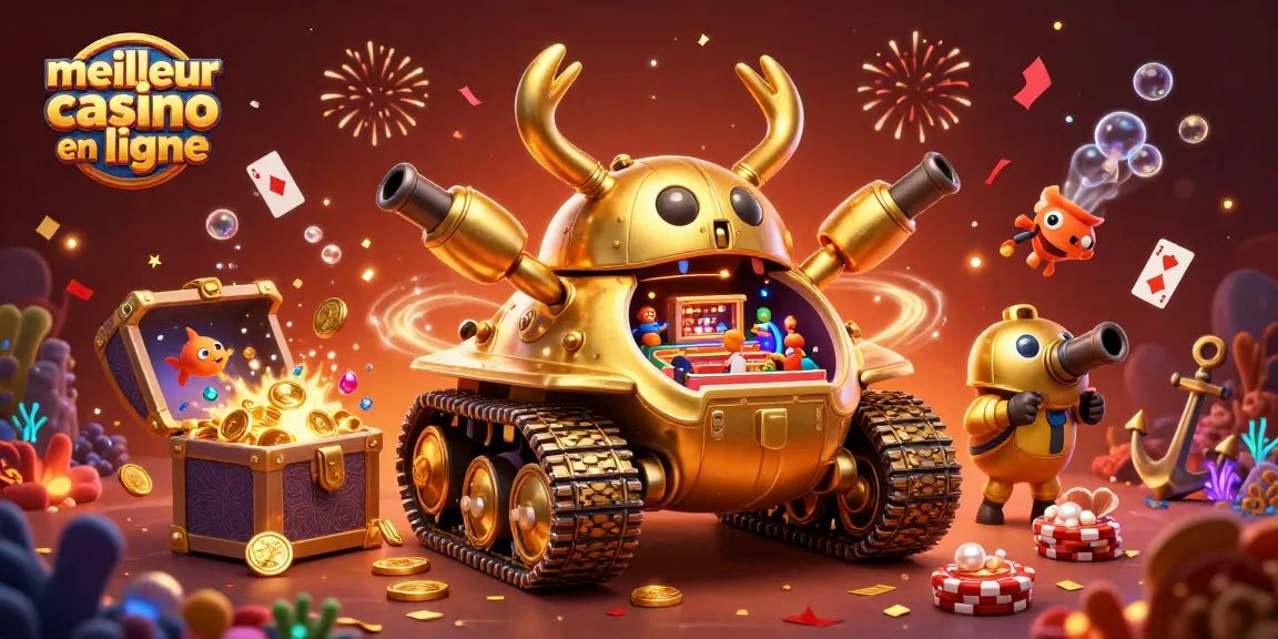 Visualisez le meilleur casino en ligne avec un tank doré à l'intérieur d'un mini-casino vibrant.