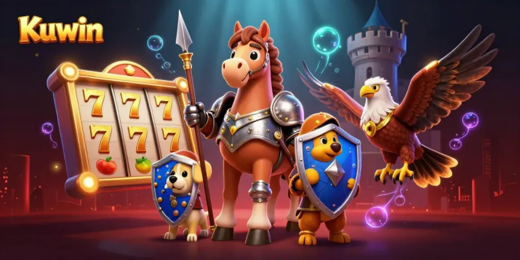 Experience the excitement of Kuwin with a dynamic casino scene featuring slots and vibrant characters.