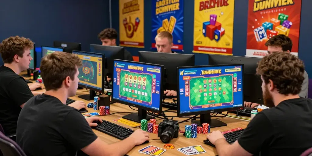 Pengguna ceritoto situs togel berinteraksi dengan permainan lotere online dan token warna-warni.