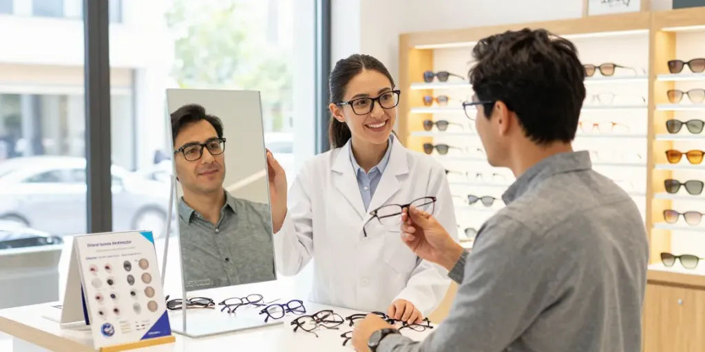 Cliente experimentando óculos na Ótica Avaré com assistência de um profissional atencioso.