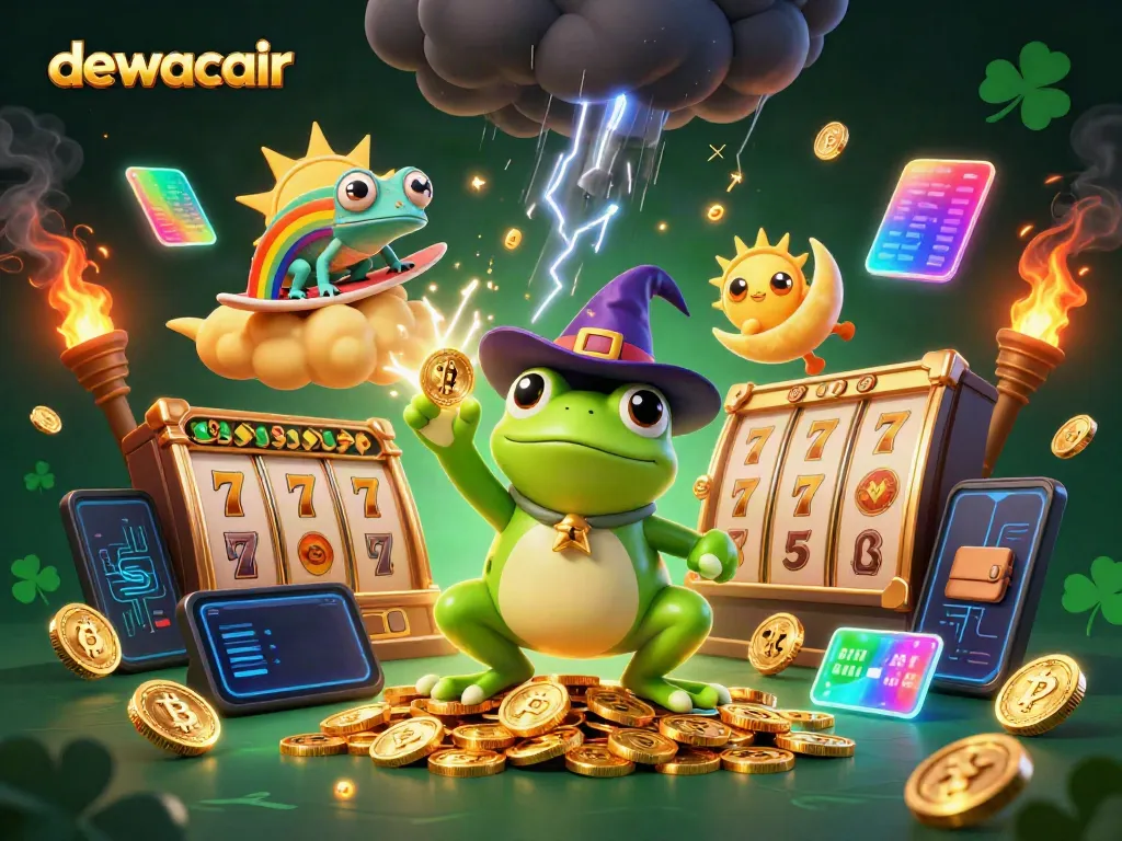 Win big with dewacair's enchanted slot scene, featuring golden coins and vibrant characters.