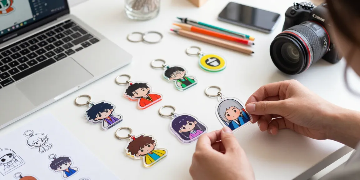 Custom acrylic keychain designs displayed with a customer exploring vibrant options in an engaging e-commerce shopping scene.