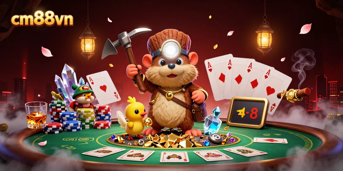 Experience thrilling gameplay with cm88vn as the treasure hunter mole discovers riches among poker tables and glowing gems.