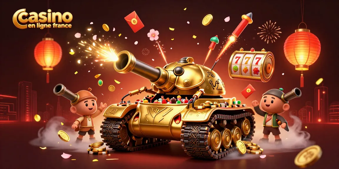 Jouer sur casino en ligne France avec un tank en or géant révélant un casino miniature plein d'énergie.