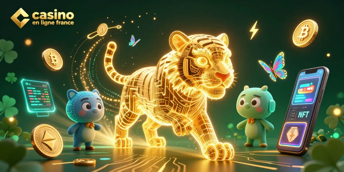 Jouez sur un casino en ligne France avec une illustration dynamique d'un tigre énergétique et des pièces de crypto-monnaies.