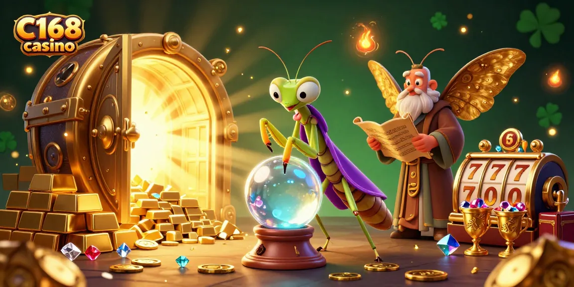 C168 casino showcases dynamic play with a 3D fortune teller and treasures in a vibrant casino setting.