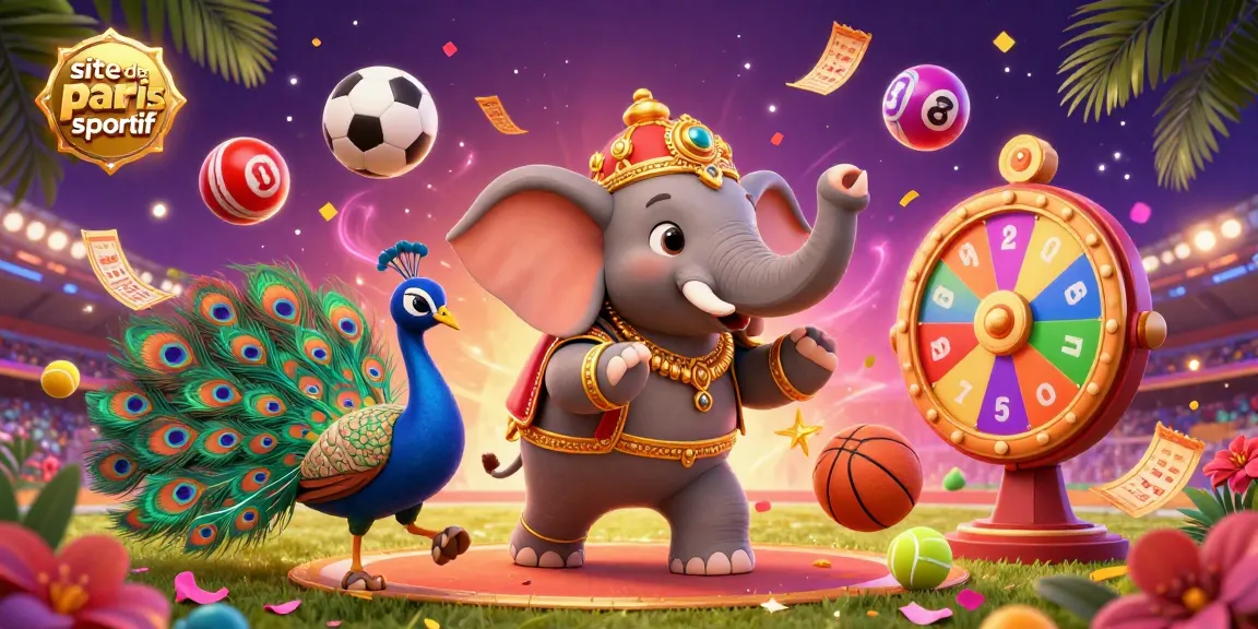 Plongez dans l'univers du site de paris sportif avec un éléphant coloré et un paon entourés d'éléments dynamiques de paris.