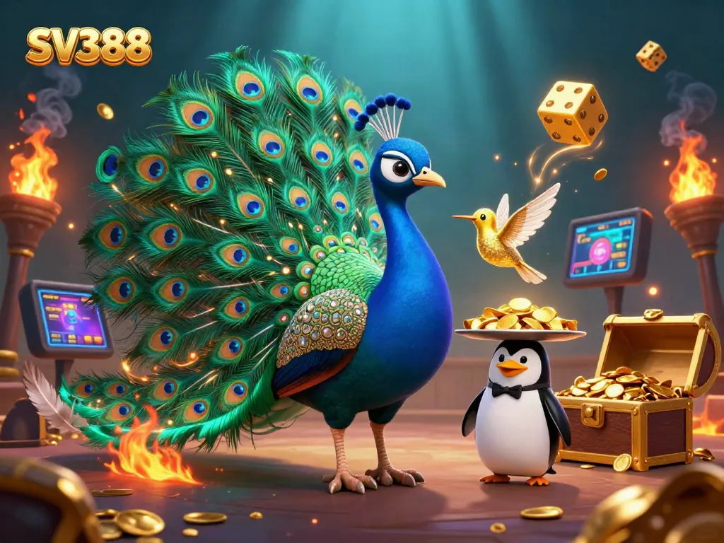 Experience the thrill of SV388 cockfighting with dynamic characters and vibrant casino elements.