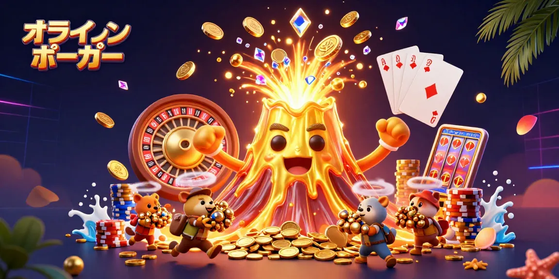オンラインポーカーの勝利を目指して、金貨や宝石が舞い散るシーン
