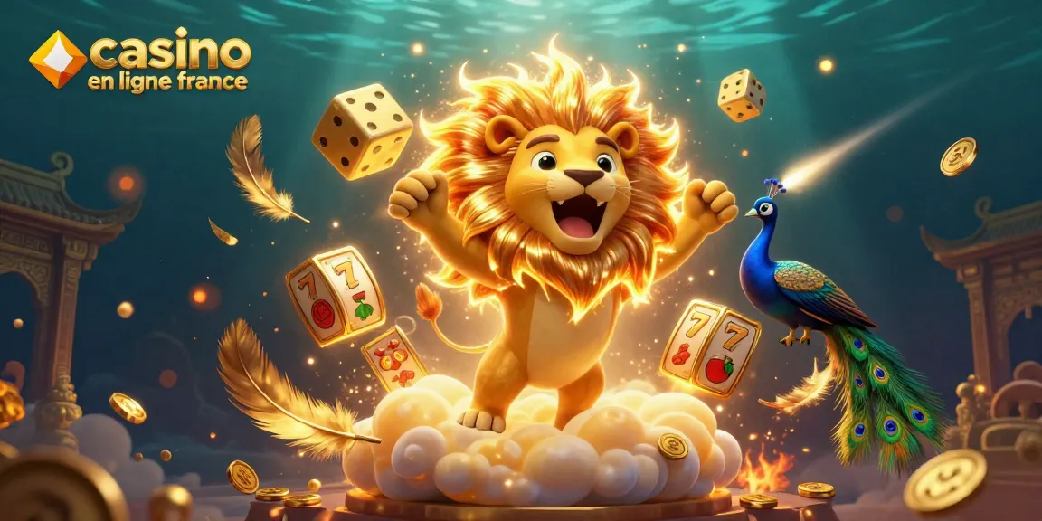 Visuel dynamique de casino en ligne France, avec un lion flamboyant et des éléments de jeux prestigieux.