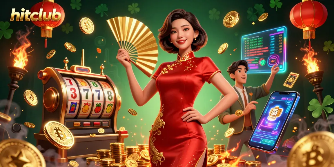Experience the thrilling action of hitclub with vibrant slot game elements surrounding a confident player.