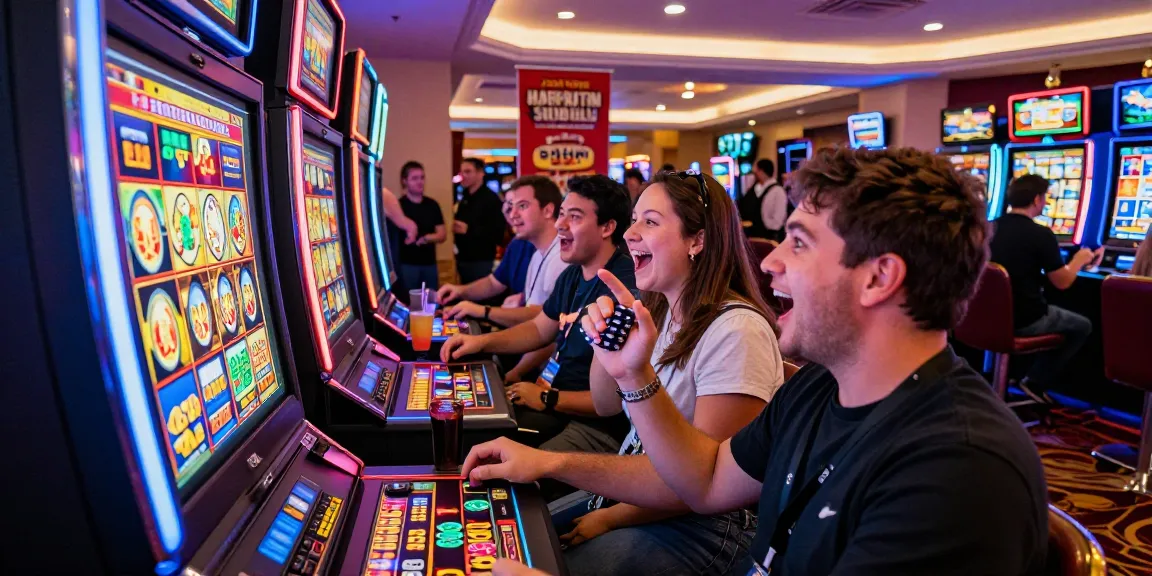 Excited casino players celebrating a slot jackpot win with colorful chips and bright lights.
