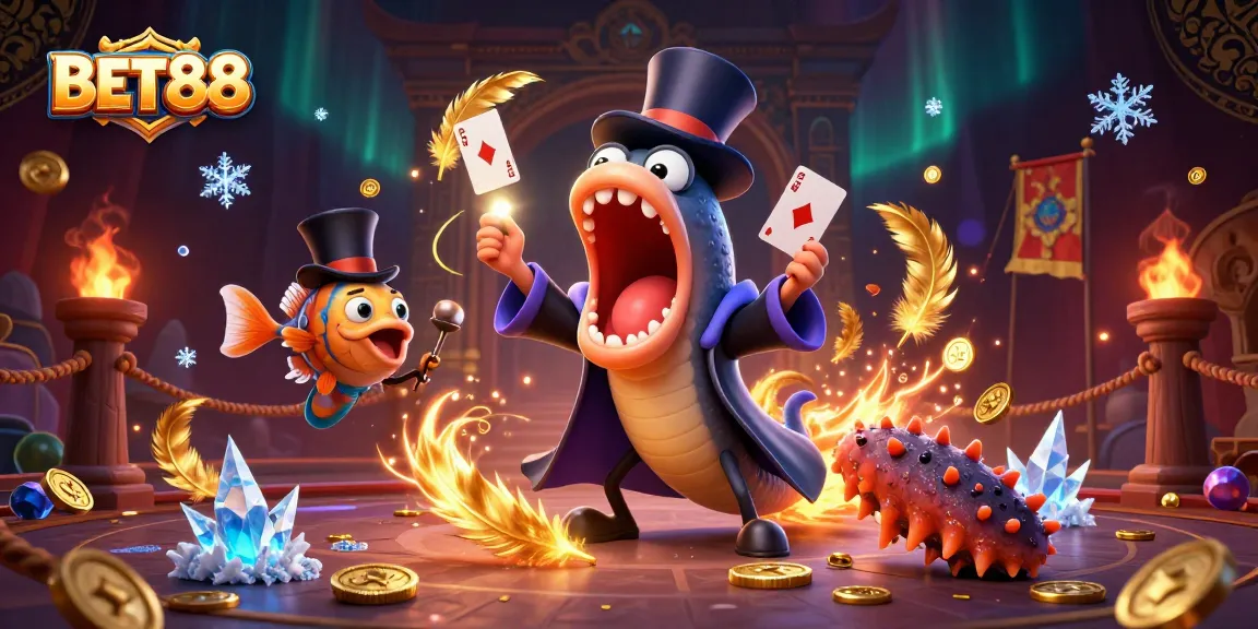 Engage with BET88 as a bioluminescent gulper eel performs magical card tricks in a vibrant casino scene.