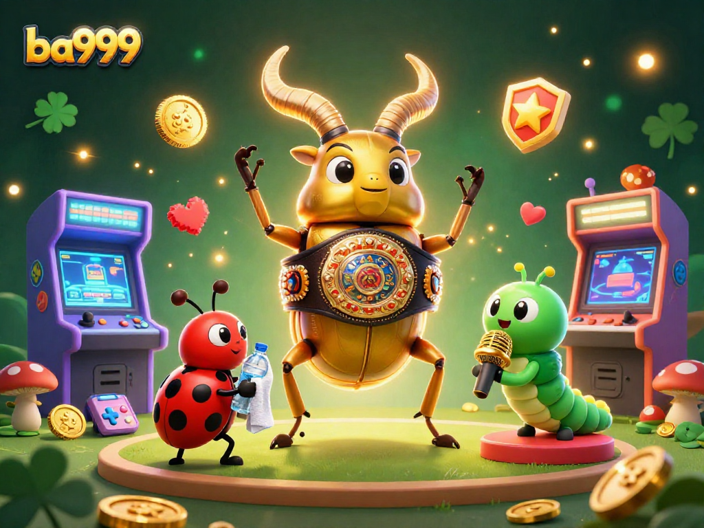 Experience the excitement of ba999 with a vibrant 3D gaming scene featuring a mascot boxing champion beetle surrounded by arcade games.