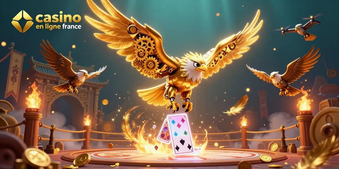 Plongez dans l'univers du casino en ligne France avec cette illustration dynamique d'un aigle cybernétique plongeant parmi des cartes holographiques.