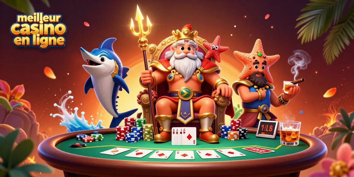 Un visuel captivant d'un roi des mers Neptune célébrant les jeux au meilleur casino en ligne avec des cartes et des jetons.