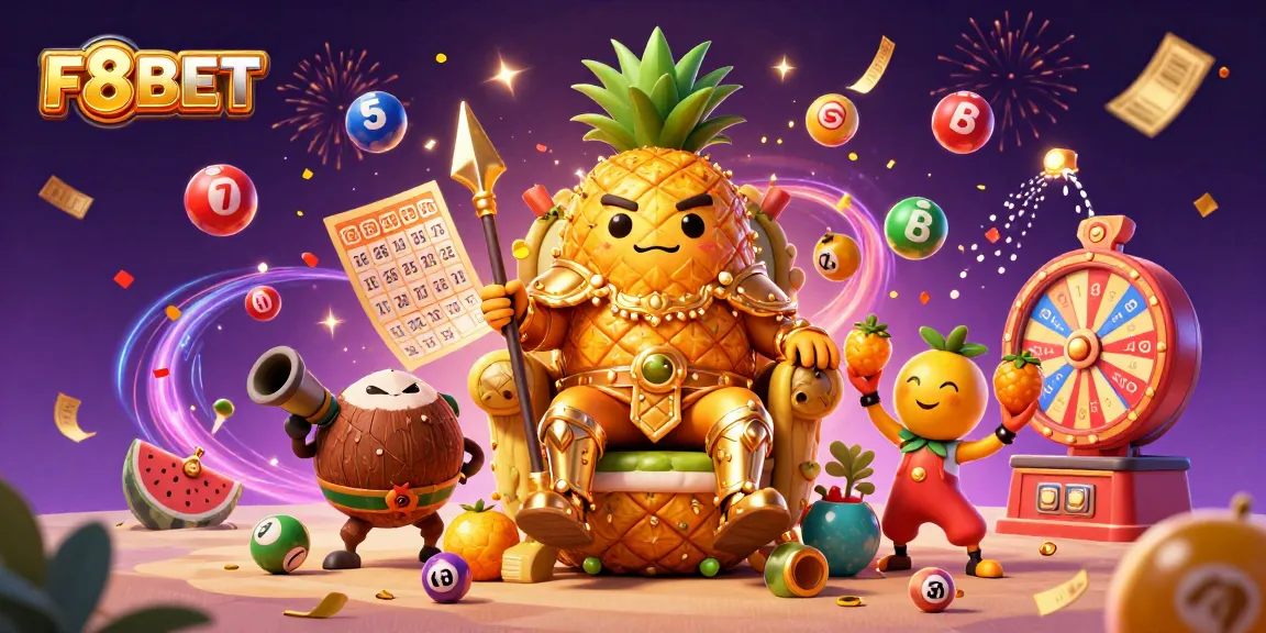 Engage in thrilling gameplay at F8BET with vibrant lottery balls and a golden pineapple king amidst casino excitement.