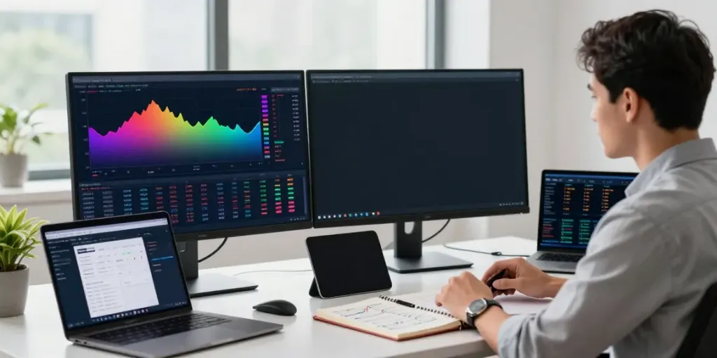 MetaTrader 5 trading setup with dual monitors displaying charts and market analysis in a modern office.