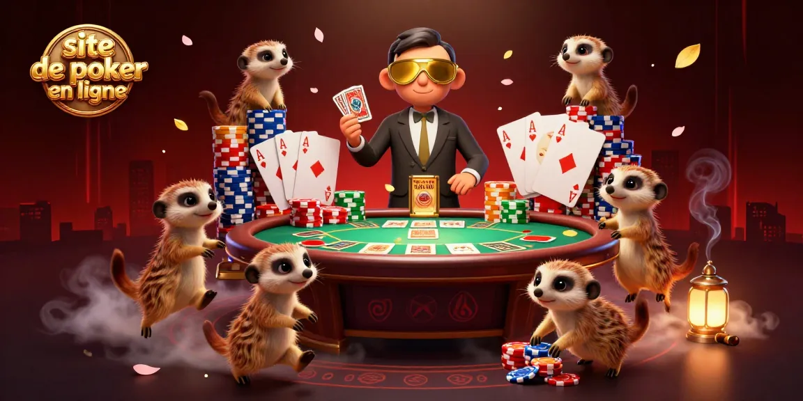 Les meerkats animant un site de poker en ligne avec des cartes, des jetons et des prix