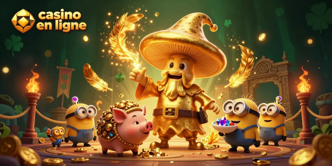 Illustration de casino en ligne avec un magicien champignon doré et un cochon fouilleur d'or.